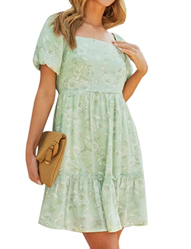 Sprime Women's Summer Casual Dress Square Neck Puff Sleeve Flowy Short Dresses Floral High Waist Ruffle Hem A-Line Dress #TOP2
