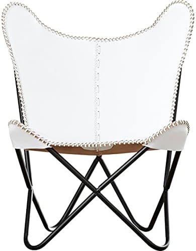AOL Leather Butterfly Chair Vintage Leather Lounge Relax Arm Chair Handmade Genuine Leather Butterfly Chair White Leather Cover (with Fold-able Stand) 103x84x70 cm