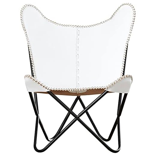 AOL Leather Butterfly Chair Vintage Leather Lounge Relax Arm Chair Handmade Genuine Leather Butterfly Chair White Leather Cover (with Fold-able Stand) 103x84x70 cm