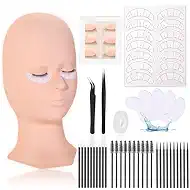 Lash Extension Practice Kit, Eyelash Extension Training Kit for Beginners, Professional Eyelash Mannequin Head Set with Lash Fan, Lash Shampoo, Glue Rings and Lash Mirror (Lashes Kit-with eye)