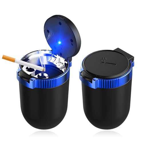 ZNDAW 2PCS Car Ashtray with Lid, Smokeless Stainless Steel Vehicle Ash Tray with LED Light, Easy Clean Up Detachable Cylinder Ashtray Portable Trash Can for Road Trip, Car Accessories (Blue)