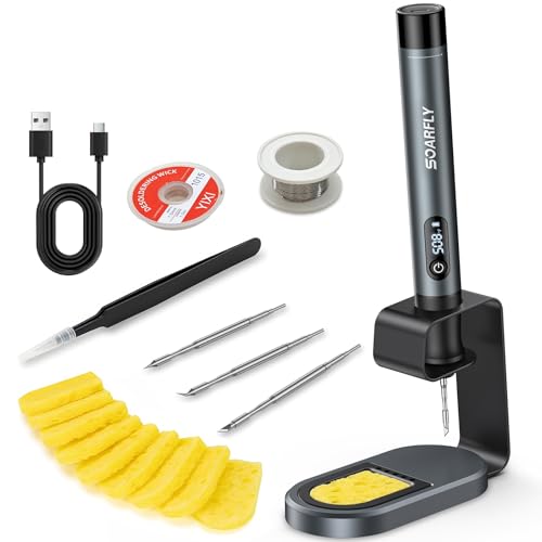 SOARFLY Cordless Soldering Iron Kit with LED Display, 7s Fast Heat-up, 392–842°F Adjustable Temp, Auto Sleep, 3 C210 Tips, USB-C Portable Soldering Pen for Precision Repair & DIY