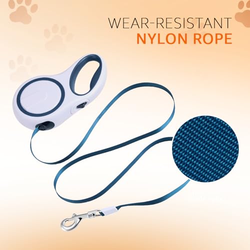 Image of Amazon Basics Retractable Dog Leash | 5 Meter | for Large Dogs Up to 50 Kg | Heavy Duty Leash for Pets | Strong Nylon Tape, Anti-Slip Handle, Built in Spring, One-Click Brake Pause | Grey & Blue