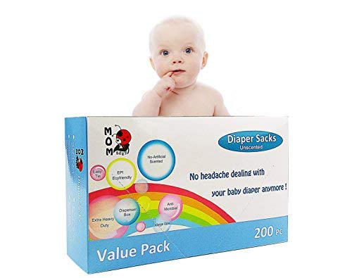MOM EASY 200 Count Baby Diaper Trash Bags, 10 Gallon Capacity, Disposable, Unscented, Extra Durable Plastic, Thick Double Seams, Tie Handles, Easy to Open, Wide Uses