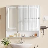 TEENFON Specchio Bagno Contenitore con Luce LED e Presa Elettrica, Mobile Bagno a Specchio con 3 Ante e Gancio Asciugacapelli, 3 Temperature di Luce Dimmerabili a Touch, Ripiani Regolabili, Bianco