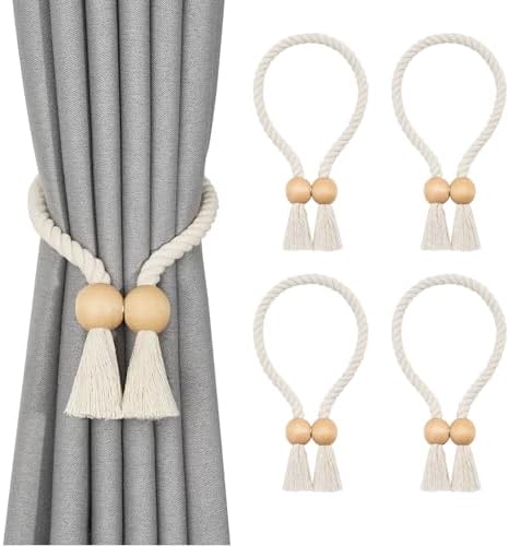 Pretty Jolly 4 Pack Wooden Polyhedron Magnetic Curtain Tiebacks Boho Home Decor Drape Tie Backs Natural Cotton Hand Woven Rope Curtain Holdbacks for Home & Office Window Draperies (Beige)