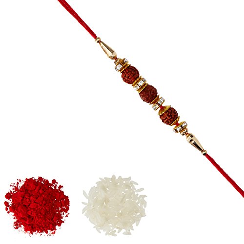 Image of Aheli Fancy Rudraksha AD Ring Rakhi with Roli Chawal Tilak For Men Boys (Golden) (R17450RA)