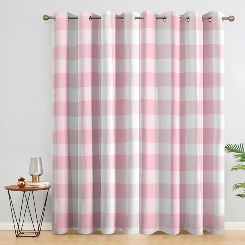 SZLYZM Rideaux Occultant Rose à Carreaux, Rideau Isolant Thermique pour Salon Chambre, Motif Vichy, Lot de 2 Décoration de Fenêtre Opaque 140x220cm LxH, à Oeillets K-&amp;E142