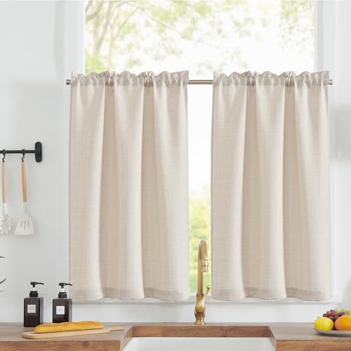 TOPICK Rideaux Cuisine Court Blanc Ivoire 70L x 90H(cm) pour Meuble Bas Placard Fenetre,à Passe Tringle Intérieurs,Petit Rideau Brise-Bise,Moderne,2 Panneaux