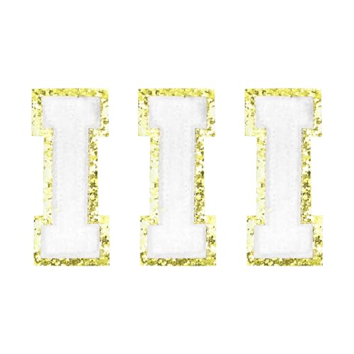 sourcing map Chenille Letters I Patches Large Size 80mm/3.15 Inch Iron-on Letters I Patches Golden Glitter Embroidered Patches for Clothing, Shoes, Hats, Backpacks Pack of 3(White)