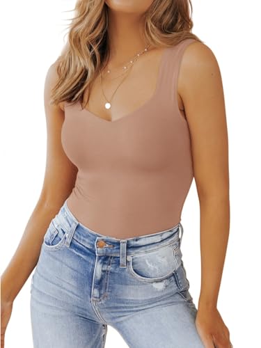 PINKMSTYLE Women's Sexy Square Neck Tank Top Sleeveless Fitted Tops Double Lined Summer Shirts Sienna Large