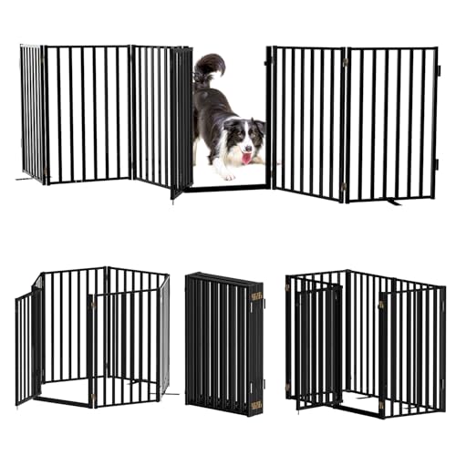 Lezbanz Full Metal Freestanding Dog Gates with Door, 32' Height Dog Fences for Indoor & Outdoor, Extra Wide Foldable Pet Gates for Stairs, Hallways, Doorways, Yard (6 Panels, 120' W × 32' H)