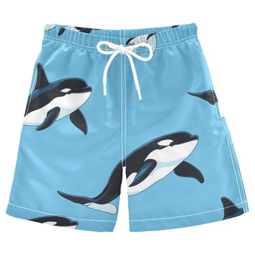 Boys Beach Board Shorts Orcas Whale Sea Blue Swim Trunk Teen Swimwear 8-16Y