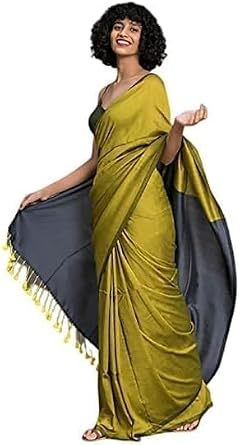 Womens Designer White Indian Handloom Ethnic Cotton Saree With Tassels Unstitched Blouse Piece. Green