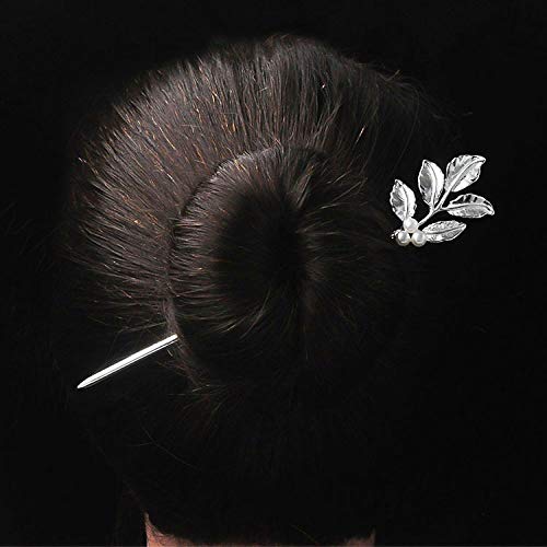 Bâton à cheveux en argent 925 avec épingle branches de feuilles