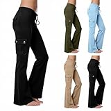 Damen Cargo Leggings mit Taschen Sport High Waist Flared Leggins Stretch Blickdicht Sporthose Lang Einfarbig Freizeithose Elegant Hüftheben Bauchweg Yogahose Elastische Baumwolle Drawstring Trousers