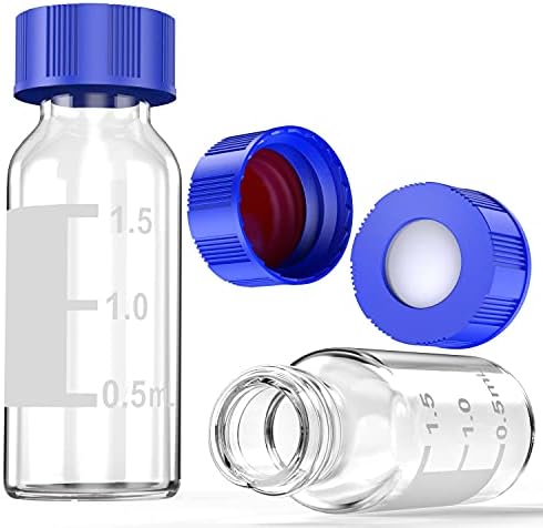 Autosampler Vials, 100 Pcs Sample Vials 2ml HPLC Vials 9-425 Vial Clear Glass Bottles with Write-on Spot and Graduations and 100 Pcs 9mm Blue ABS Screw Caps by Ks-Tek