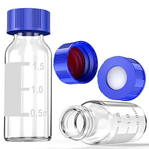 Autosampler Vials, 100 Pcs Sample Vials 2Ml Hplc Vials 9-425 Vial Clear Glass Bottles With Write-On Spot And Graduations And 100 Pcs 9Mm Blue Abs Screw Caps By Ks-Tek #TOP3