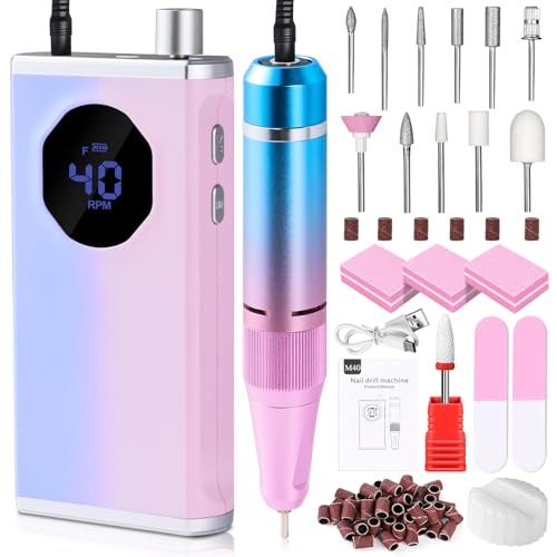Image of KAWBIYJ Professional Nail Drill, 40000RPM Electric Nail File for Acrylic Gel Nails Polishing Removing, Rechargeable Portable Cordless Nail Drill Kit with Full Set of Accessories at Salon Home