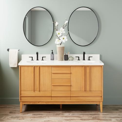Signature Hardware 955208-60-UM-6 Sybill 60" Freestanding Teak Double Basin Vanity Set with Cabinet, Vanity Top, and Oval Porcelain Sink - 8" Faucet Holes - Natural Teak/Arctic White