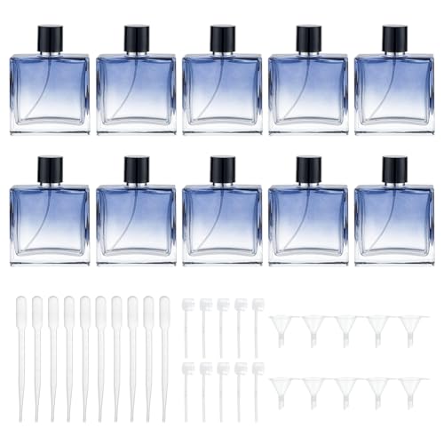 WEBEEDY Paquete de 10 botellas de perfume vacías de color azul degradado de 3.5 onzas/100 ml, atomizador de vidrio recargable con 3 tipos de dispensadores para viajes, uso diario, repuesto de perfume WEBEEDY Paquete de 10 botellas de perfume vacías de color azul degradado de 3.5 onzas/100 ml, atomizador de vidrio recargable con 3 tipos de dispensadores para viajes, uso diario, repuesto de perfume