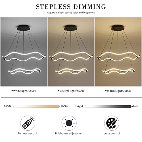 Mikeru Modern Led Pendant Light, With Remote 3000K-6500K Dimmable Wavy Lines Led Modern Chandelier For Kitchen Island, Dining Room, Living Room, Dining Table Lighting (34.1 * 59.1 In)(Aluminum-Black) #TOP1
