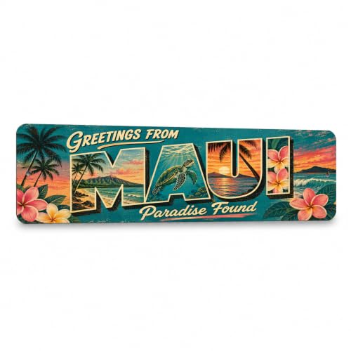 Vintage "Greetings From Maui" Retro Postcard Metal Sign