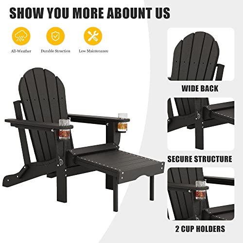 Sundale Outdoor Adirondack Chair Set Of 2 With Table, Weather Resistant Folding Adirondack Chair W/Footrest, Cup Holder Or Backyard, Garden, Deck (Black) #TOP1