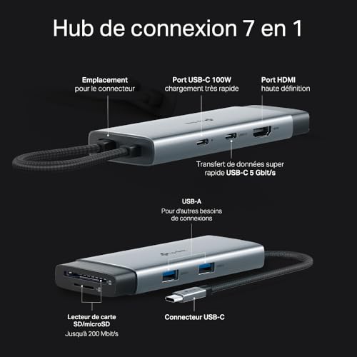 TP-Link UH7020C Hub USB C PD100W, 4K 60Hz HDMI, 1× USB C, 2× USB A, Cartes SD et microSD jusqu'à 200 Mo/s, Compatible avec MacOS, Windows, Linux, iPad OS, iOS, Android, ChromeOS, Nintendo