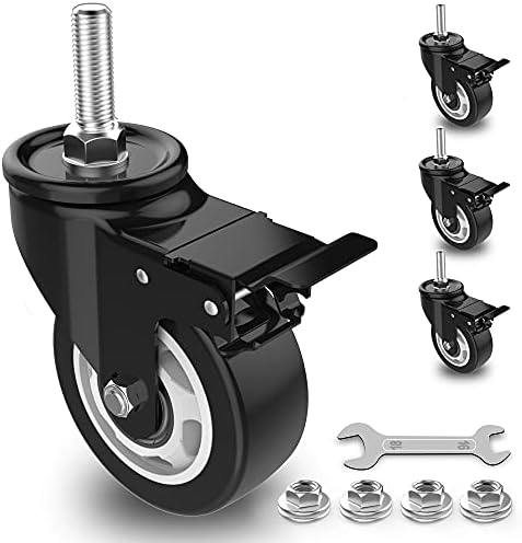 Homhoo 3" Stem Caster Wheels with Safety Dual Locking, 1/2" -13 x 1-1/2" Heavy Duty Threaded Stem Casters, No Noise Swivel Castors with Brakes, 250 Lbs Load Capacity Per Caster(Set of 4)