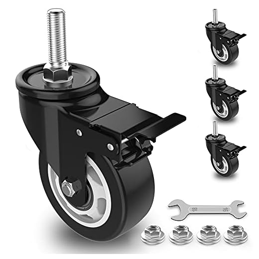 Homhoo 3" Stem Caster Wheels with Safety Dual Locking, 1/2" -13 x 1-1/2" Heavy Duty Threaded Stem Casters, No Noise Swivel Castors with Brakes, 250 Lbs Load Capacity Per Caster(Set of 4)