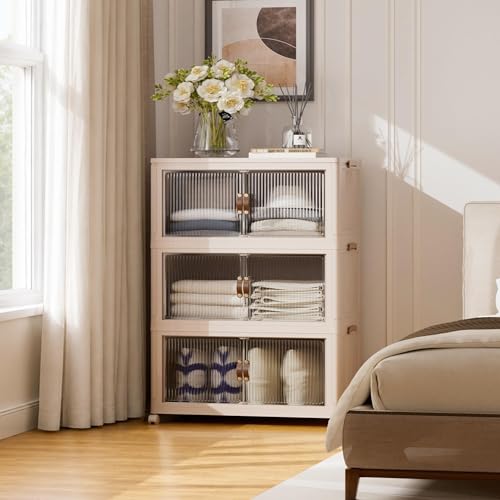 SAILUN 381Qt Extra Large Stackable Storage Bins Folding Collapsible Storage Bins with a Lid, Closet Organizers and Storage Blush White 28" W x 17" D x 46" H