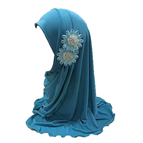 Kids Girls Ice Silk Muslim Khimar Hijab Headscarf Elastic Beanie with Crystal Flower Arab Scarf Shawls Neck Wrap Islamic Head Wrap Turban Cap Fashion Rhinestone