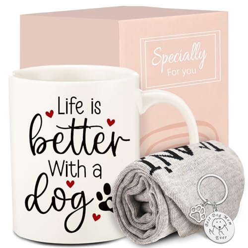 ywduoying Dog Mom Gifts for Women, Funny Christmas Gifts for Dog Lover, Mom, Sister, Dog Mom Birthday Gifts, Dog Themed Coffee Mug Gift Basket with Socks