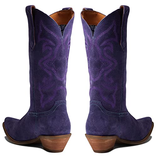 Image of LEHOOR Cowboy Boots Women Embroidered Mid Calf Western Boots Stacked Low Heel Pointed Toe Pull On Cowgirl Boot 4-11 M US