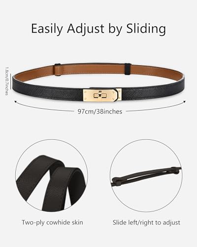 Women's Skinny Leather Belt with Adjustable Golden Turn-Lock Buckle - Ideal for Dresses, Jeans, and Coats, Black2