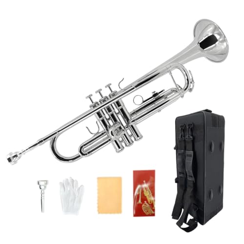 WUQIMUSC Juego de trompeta estándar para principiantes, trompeta de estudiantes, instrumento de trompeta de latón, bemol, con boquilla 7C, paño de limpieza, guantes y funda de transporte rígida