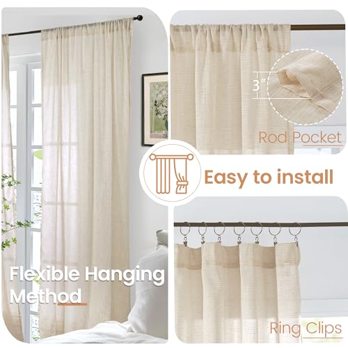 Image of BGment Tan Linen Curtains 84 Inch Length 2 Panels Burlap Semi Sheer Drapes | Light Filtering Natural Window Treatments with Rod Pocket for Farmhouse Bedroom Living Room Decor, 52 X 84 Inch