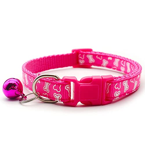Small Dog Puppy Pet Collar White Bone Design with Bell Nylon Adjustable Size 19-32cm Pink, XS - Image 2