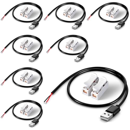 Exclaith - 8 Pcs 1FT 22AWG USB 2.0 Male 2Pin Pigtail Cable, 3A 3V 5V 9V 12v 24v USB A Male Plug to 2pin Bare Wire Pigtail Open End Extension Adapter with 8Pcs Quick Wire Cable Connector DIY Connector Cables