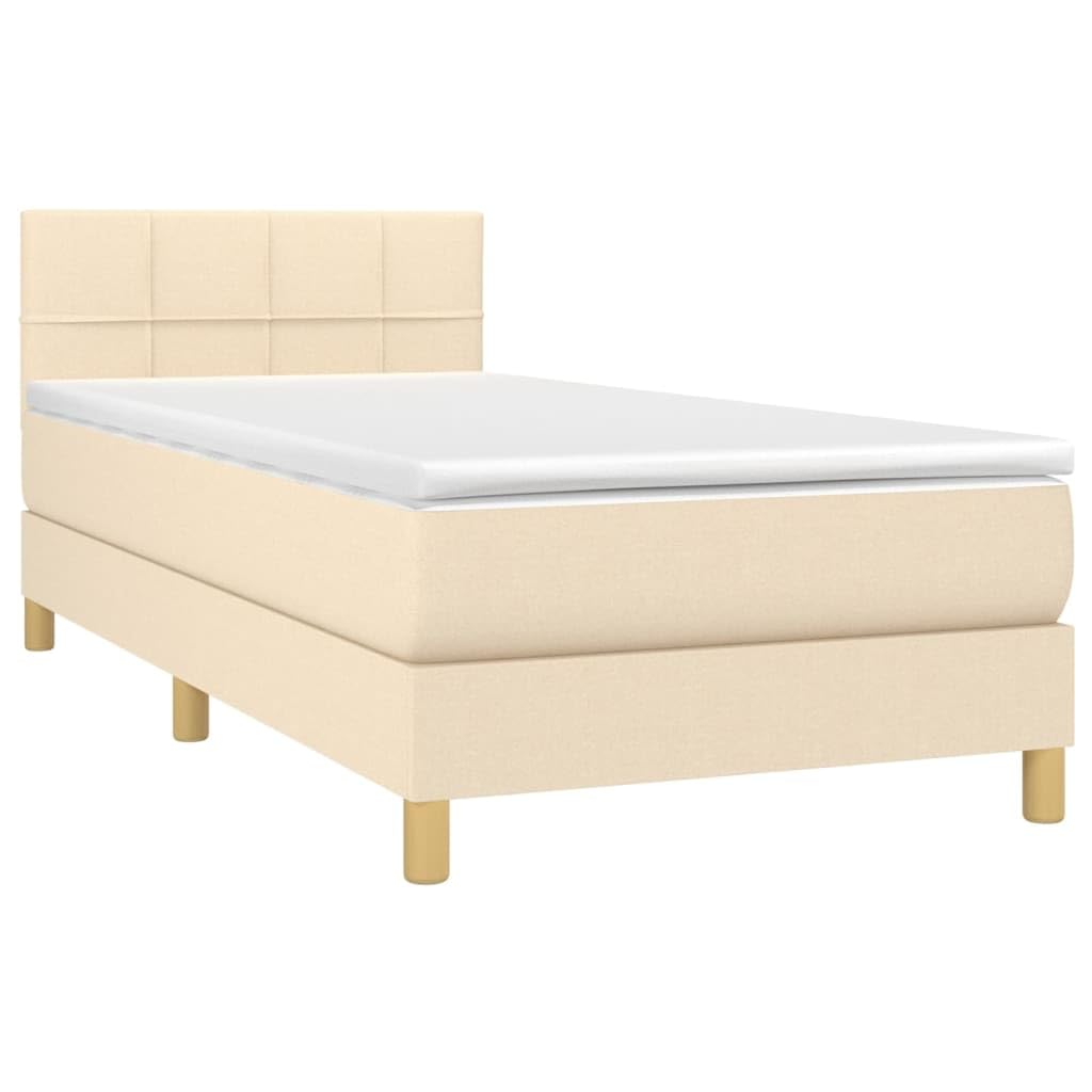 Cama con somier de tela crema con colchón de muelles ensacados y colchón de dureza media para un sueño reparador