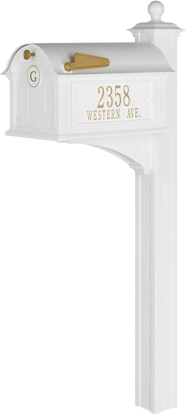 Whitehall Custom Extra Large Mailbox - Balmoral Model with Address Plaques, Monogram and Side Mount Post Package, Sand Cast Aluminum, White Personalized in Goldtone