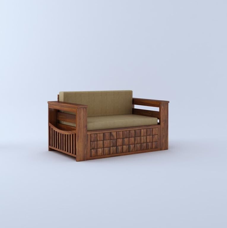 Image of Solid Sheesham Wood Sofa Cum Bed 2 Seater | Wooden Foldable Double Bed for Living Room with Storage | Bed Cum Sofa with Mattress for Home | Full Diamond Design (Honey Finish)