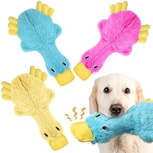 Hungdao 3 Pcs Crinkle Dog Toy for Small Medium and Large Breeds, 13.4 Inch Cute No Stuffing Duck with Soft Squeaker for Indoor Puppies and Senior Pups, Soft Plush No Mess Chew(Yellow, Pink, Blue)