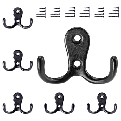 Gorffy Door Hooks 6PCS, Retro Black Double Heavy Duty Metal Coat Hook with 24 Screws for Hanging, Robe, Towel, Coat, Bag & Hat (Black, 6PCS)