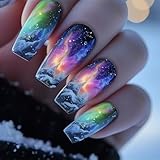 Press On Medium Aurora Colorful Snow Mountain Design Ballet Shaped False Nails - Artificial Glossy Full Cover Acrylic Coffin Nails - Reusable Glue On DIY Stick On for Women 24Pcs