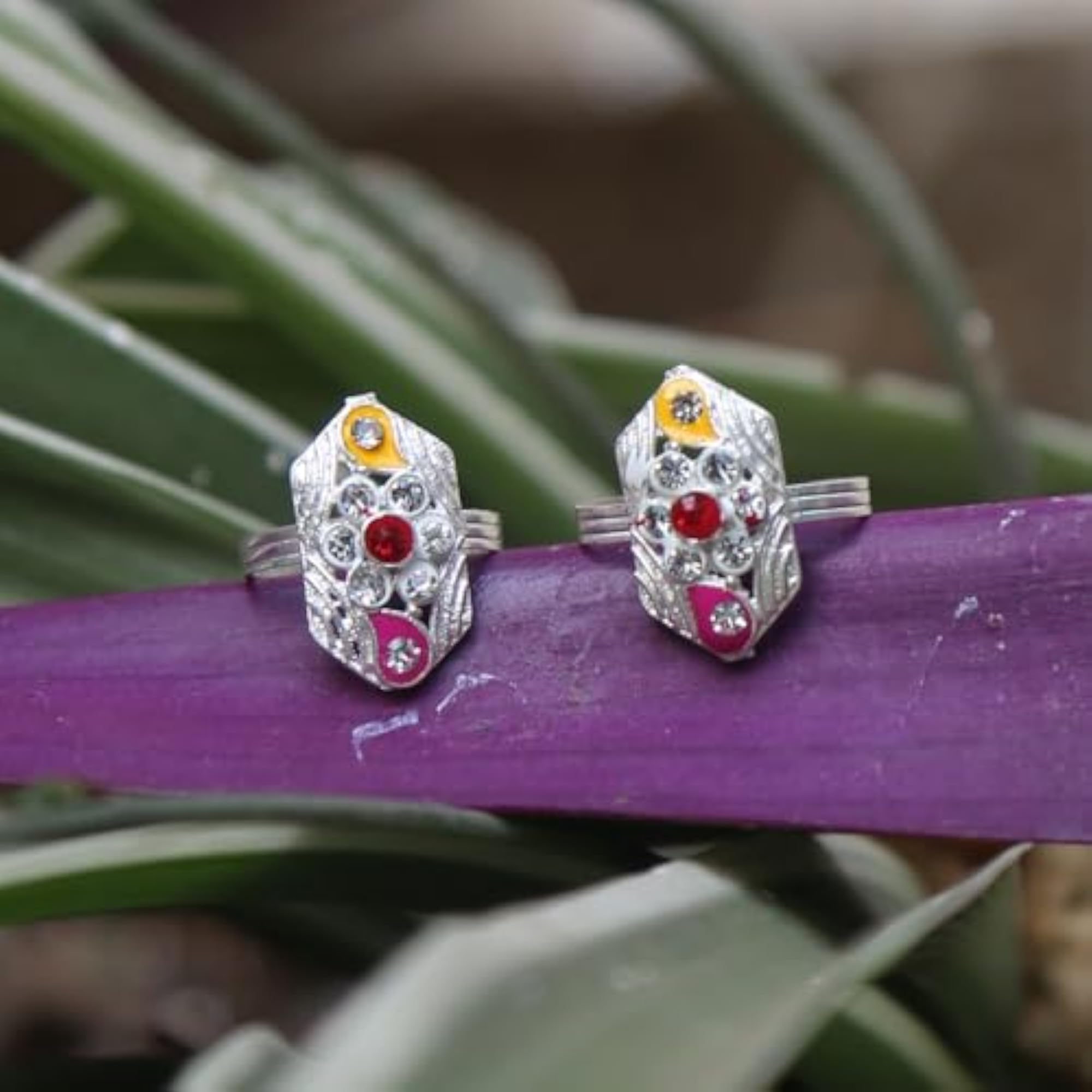 Women's Silver Finish Floral Design Pink & Yellow Stone Adjustable Toe Ring