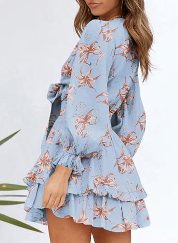 Image of Dokotoo Womens Casual Spring Fall 2025 Deep V Neck Knotted Tiered Chiffon Elegant Mini Short Swing Skater Dresses