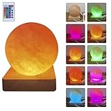 YZYOE Lampe de sel USB à dégradé de couleur   Base en bois massif   Décoration d'ambiance   Forme circulaire   Lampe de sel avec télécommande   Veilleuse en cristal naturel   Artisanat fait à la main.