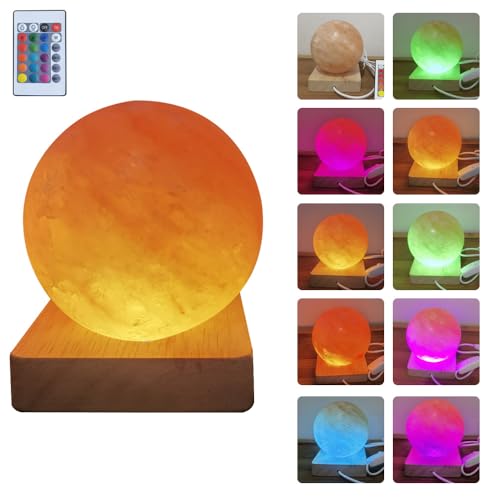 YZYOE USB Colour Gradient Himalayan Salt lamp, Solid Wood Base Atmosphere Decoration Rotundity Salt lamp with Remote Control, Natural Crystal Stone Bedside Night Light, Handmade Crafts.